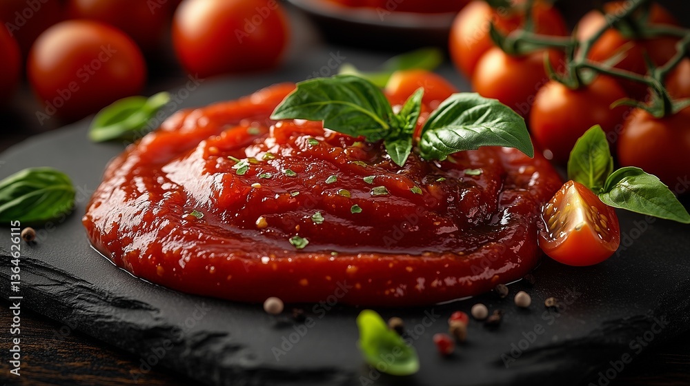 Obraz premium **A high-resolution close-up of tomato ketchup artfully spread across a slate plate, with tiny green leaves delicately placed on the sides.