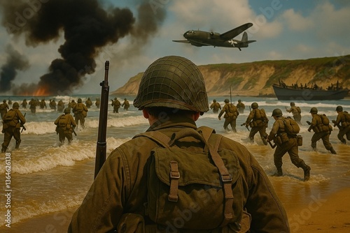 Desembarco militar en playa durante combate bélico con soldados, barcos y avión en plena operación de guerra histórica