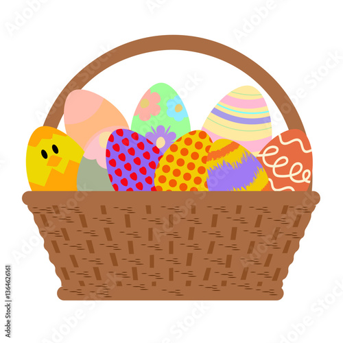 Easter basket filled with colorful decorated eggs and a cute chick. Perfect for holiday greeting cards, spring decorations, gift wrapping, invitations, posters, and festive digital projects