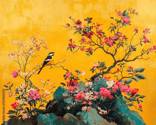 Bird perched on flowering branch