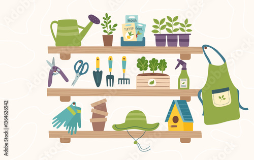 Gardening concept banner with seedlings, seeds and garden equipment. Spring, gardening, farming and greening concept. Vector hand drawn background.
