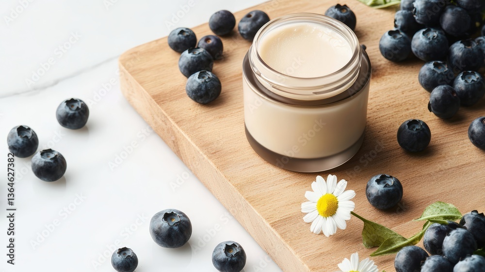 A jar of eye cream placed on a wooden cutting board, surrounded by blueberries and chamomile flowers, in a minimalist style with a clean background, symbolizing hydration and soothing care for A jar of eye cream placed on a wooden cutting board, surrounded by blueberries and chamomile flowers, in a minimalist style with a clean background, symbolizing hydration and soothing care for