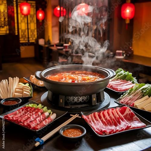 Spicy Sichuan Hot Pot with Assorted Ingredients in a Traditional Chinese Restaurant