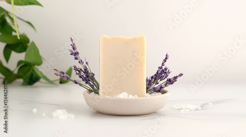 Wallpaper Mural A soap bar placed on a ceramic dish, surrounded by dried lavender sprigs and sea salt crystals, in a minimalist style with a clean background, emphasizing eco-friendly and aromatic personal care Torontodigital.ca