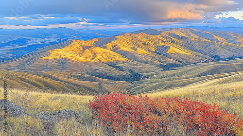 Vibrant autumn landscape showcasing rolling hills with colorful foliage under a dramatic sky
