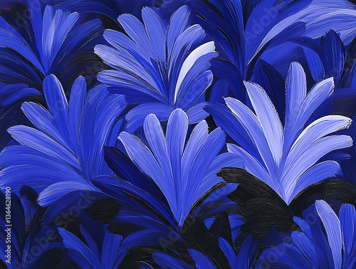 Vibrant Blue Leaves in Abstract Art Style with Rich Textures and Depth