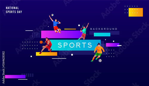 Colorful sports background illustration featuring athletes playing basketball, volleyball, soccer, and badminton. Modern geometric design with vibrant colors, dynamic motion, and abstract elements
