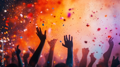 Crowd cheering, confetti raining, concert venue