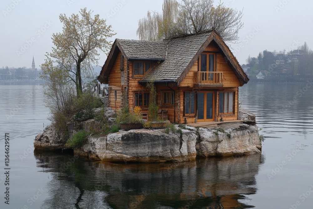 Unique wooden house situated on a small island surrounded by calm water under a hazy sky at dawn Unique wooden house situated on a small island surrounded by calm water under a hazy sky at dawn