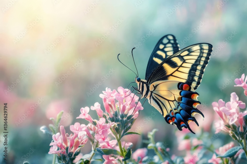 Fototapeta premium Vibrant butterfly feeding on pink flowers in a sunlit garden during spring season
