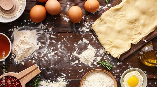 Fresh lasagna dough with ingredients like tomato sauce, cheese, basil, garlic, minced meat, italian cuisine, homemade pasta preparation scene