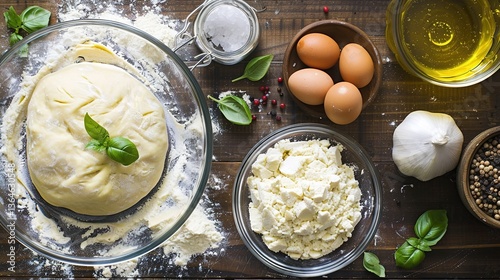 Fresh lasagna dough with ingredients like tomato sauce, cheese, basil, garlic, minced meat, italian cuisine, homemade pasta preparation scene