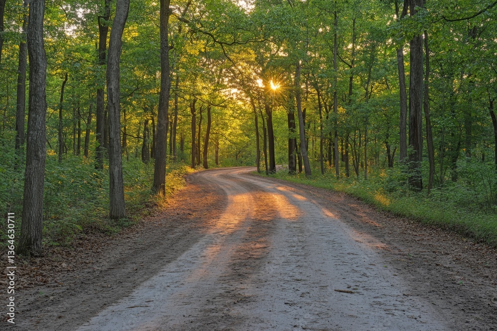 Naklejka premium Winding dirt path through a lush forest at sunset with warm sunlight filtering through the trees