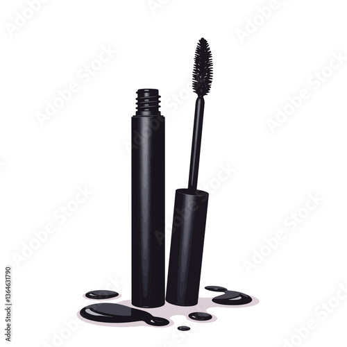 Black mascara tube with brush and spilled product on a surface  