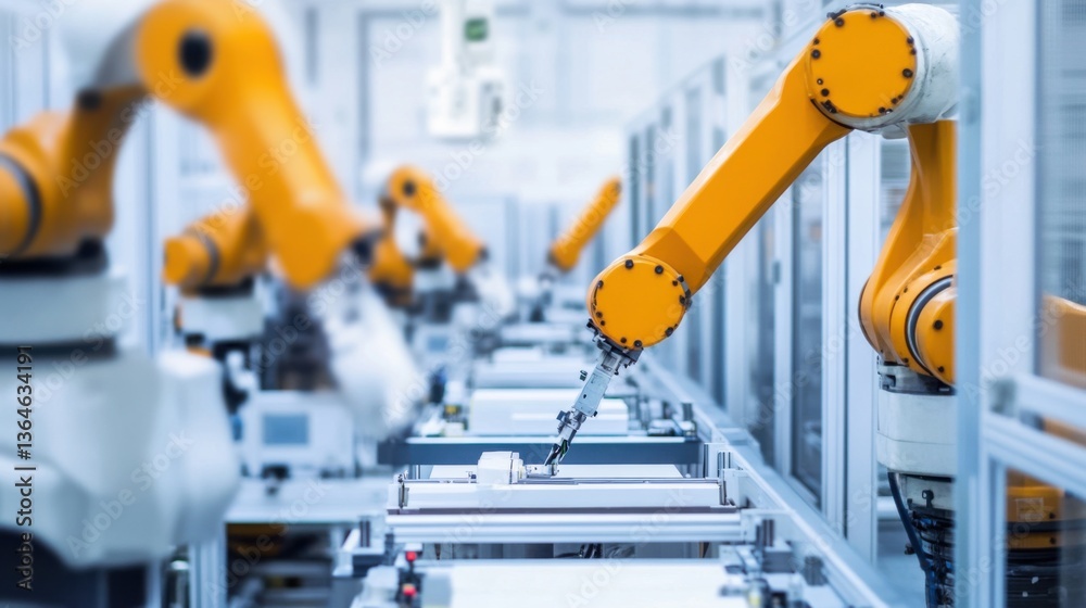 A robotic assembly line in a modern factory, industrial setting with advanced machinery, High-tech style A robotic assembly line in a modern factory, industrial setting with advanced machinery, High-tech style