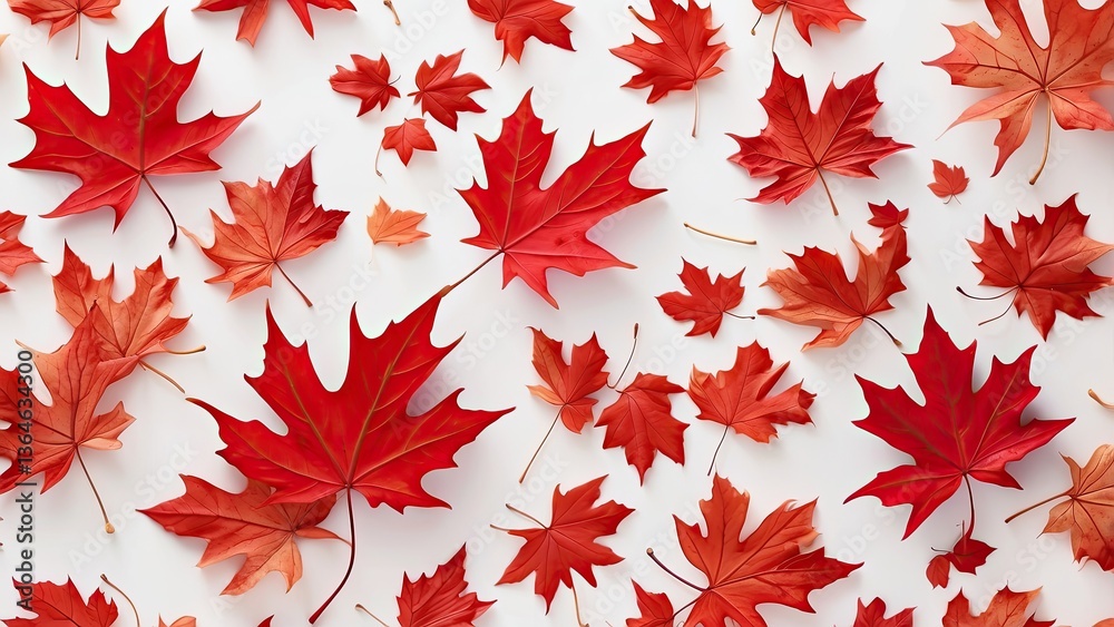A seamless pattern featuring an arrangement of various red maple leaves scattered against a white background A seamless pattern featuring an arrangement of various red maple leaves scattered against a white background