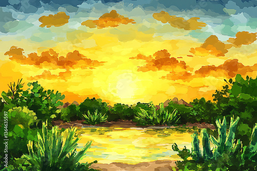 Vibrant sunset over a serene lake surrounded by lush greenery and distant mountains