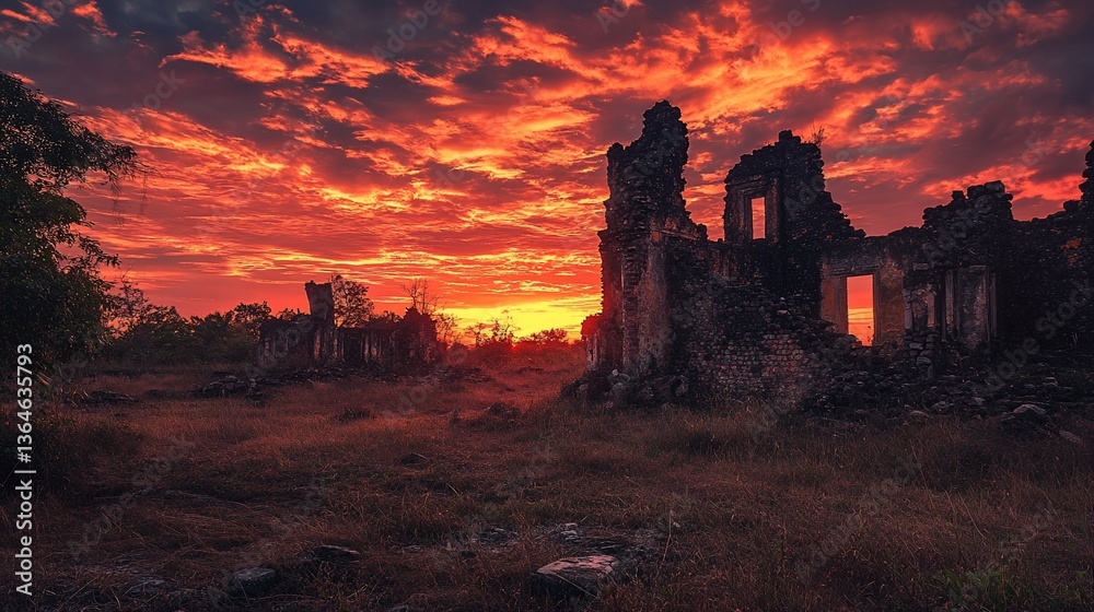 Fototapeta premium Fiery sunset casts dramatic light on crumbling stone ruins of old buildings in a desolate field.