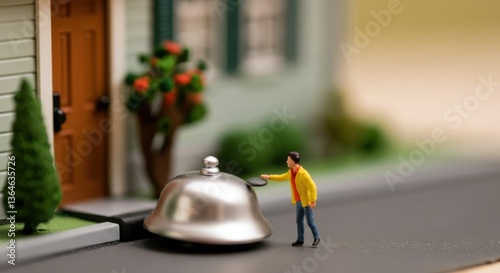 Miniature man in yellow jacket ringing bell by a house