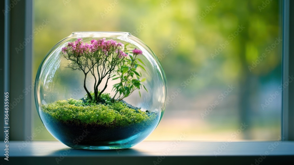 Miniature garden in a glass sphere on a windowsill, showcasing a small bonsai tree, pink flowers, moss, and soil, with a blurred green background. Miniature garden in a glass sphere on a windowsill, showcasing a small bonsai tree, pink flowers, moss, and soil, with a blurred green background.