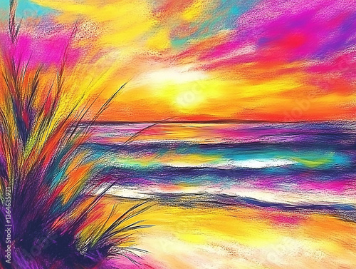 Vibrant sunset over a tranquil beach with colorful sky and gentle waves lapping the shore