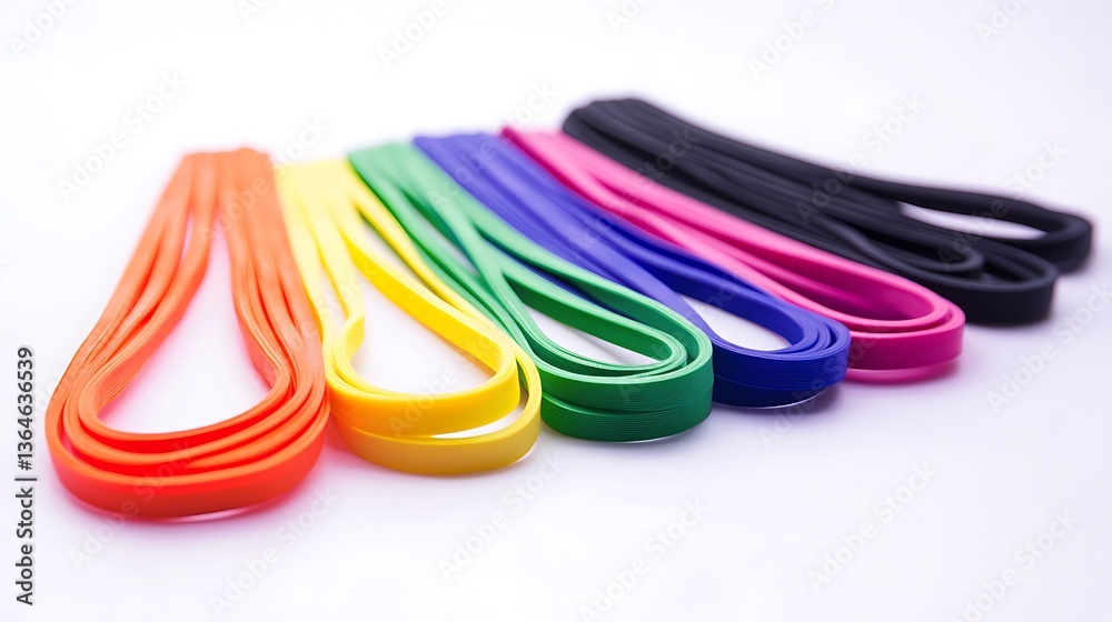 Naklejka premium A row of colorful rubber bands are lined up on a white background