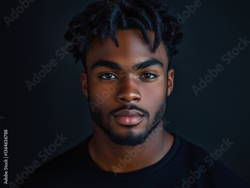 A portrait of a handsome young man with short, curly black hair and a well-groomed beard, illuminated by soft, moody lighting. He has warm brown skin and a confident, calm expression 