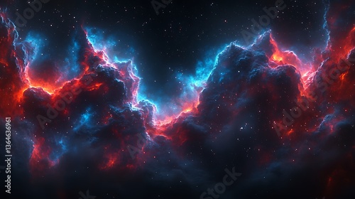 Fiery nebula with red and blue cosmic clouds. photo