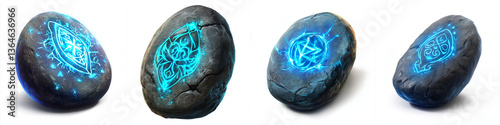 collection of mystical pebbles featuring glowing ancient symbols, each with intricate designs and captivating aura