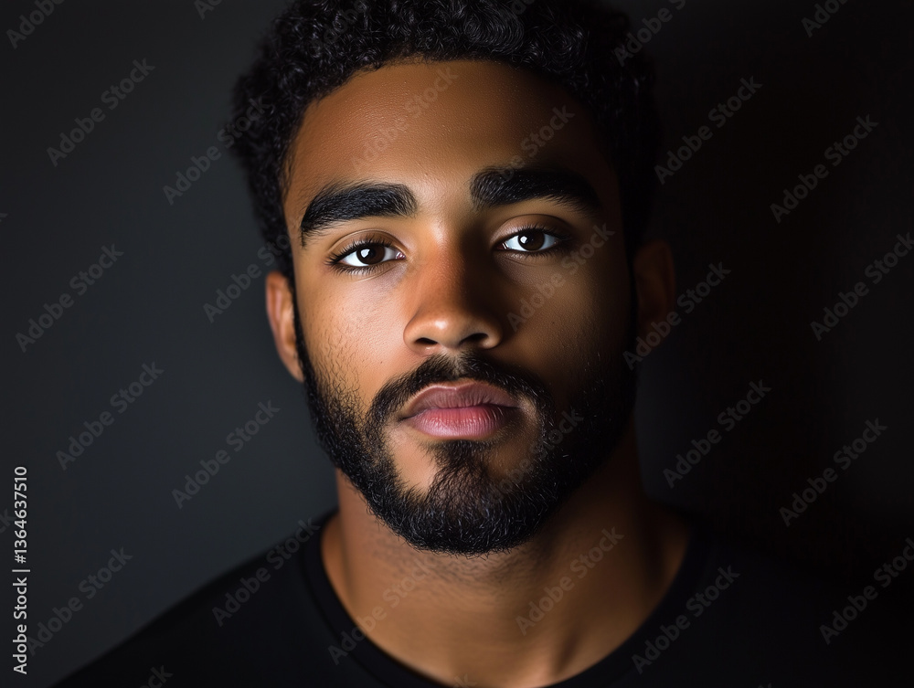 A portrait of a handsome young man with short, curly black hair and a well-groomed beard, illuminated by soft, moody lighting. He has warm brown skin and a confident, calm expression A portrait of a handsome young man with short, curly black hair and a well-groomed beard, illuminated by soft, moody lighting. He has warm brown skin and a confident, calm expression