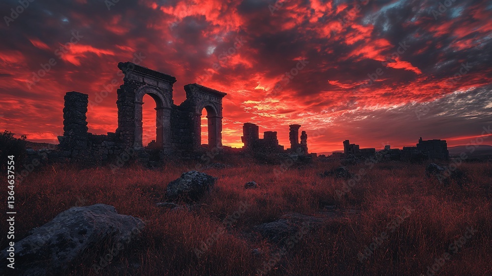 Obraz premium Fiery sunset over ancient ruins, dramatic sky, stone arches, grassy field.