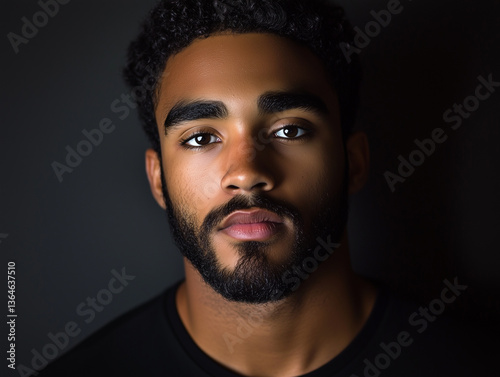 A portrait of a handsome young man with short, curly black hair and a well-groomed beard, illuminated by soft, moody lighting. He has warm brown skin and a confident, calm expression 