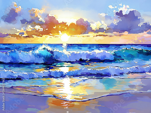 Vibrant sunset over ocean waves reflecting colorful sky, serene beach scene at dusk