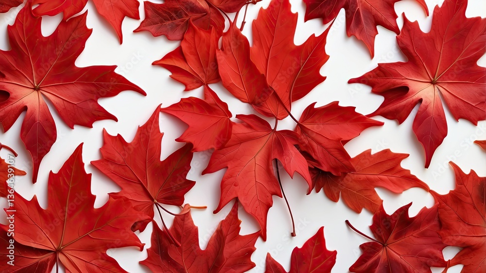 A seamless pattern featuring an arrangement of various red maple leaves scattered against a white background A seamless pattern featuring an arrangement of various red maple leaves scattered against a white background