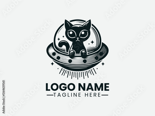 Alien Cat UFO Logo, Cat in Flying Saucer Glowing Lines Alien Logo Design