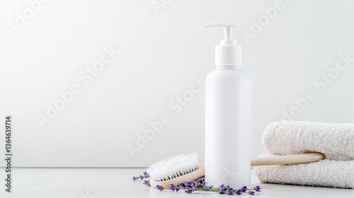 A pump bottle of foaming cleanser on a ceramic tile, surrounded by lavender buds and a face brush, in a minimalist style with a clean background, highlighting gentle and effective cleansing routines ,