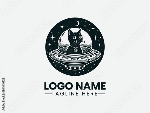 Alien Cat UFO Logo, Cat in Flying Saucer Glowing Lines Alien Logo Design