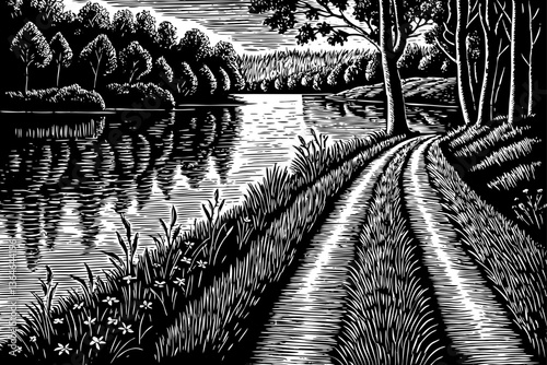 Lake and road black and white hand drawn outline landscape