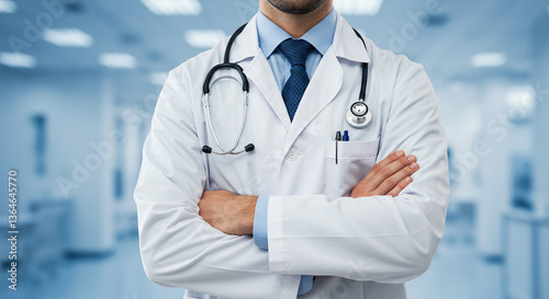 A male doctor wearing a white lab coat, standing confidently with his arms crossed. 