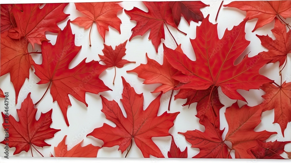 A seamless pattern featuring an arrangement of various red maple leaves scattered against a white background A seamless pattern featuring an arrangement of various red maple leaves scattered against a white background