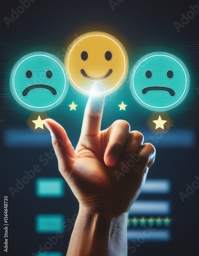 Customer Satisfaction and User Experience Concept – Hand Selecting a Positive Happy Face on Digital Screen Among Neutral and Sad Emojis, Representing Online Reviews, Feedback Ratings, and Business Suc
