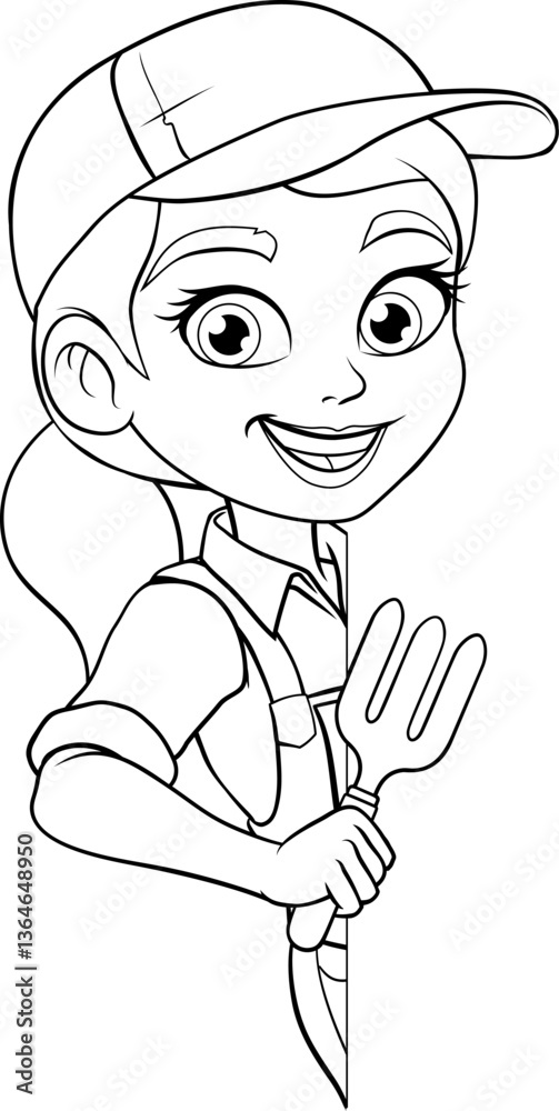 Φωτογραφία A woman female gardener or farmer holding a garden fork gardening tool cartoon character mascot
