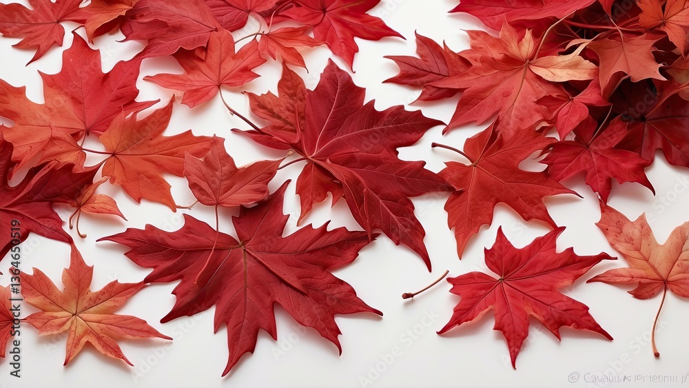 A seamless pattern featuring an arrangement of various red maple leaves scattered against a white background A seamless pattern featuring an arrangement of various red maple leaves scattered against a white background