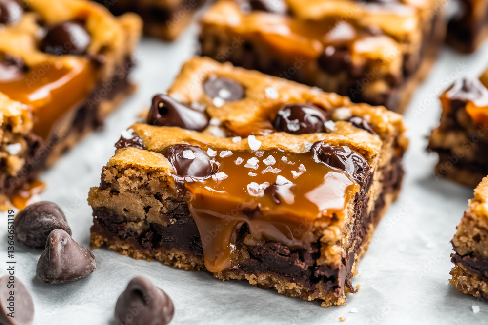 Salted caramel chip cookie bars closeup Salted caramel chip cookie bars closeup