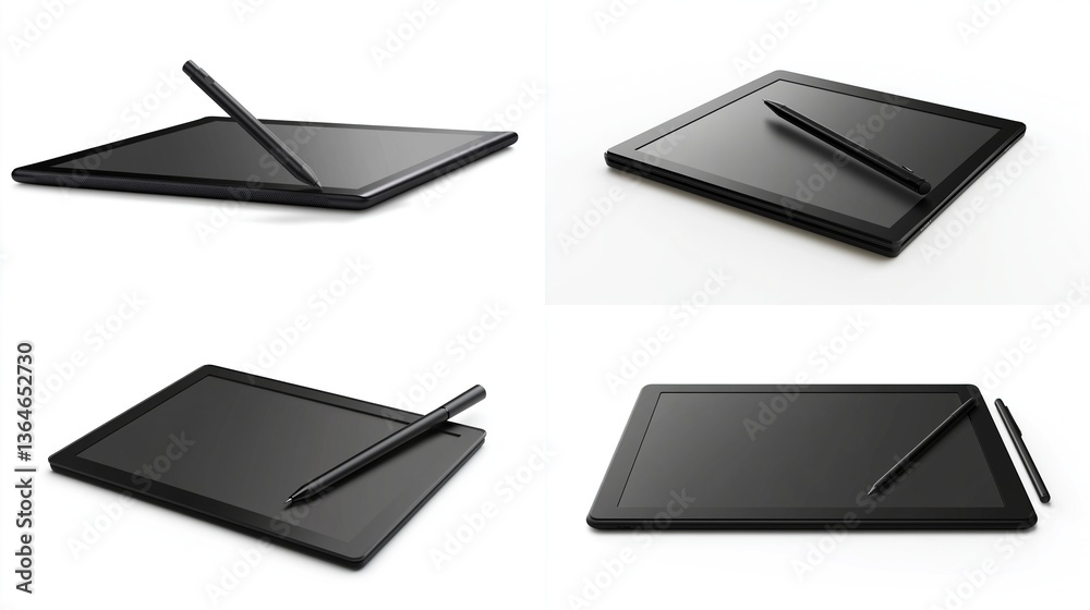 Black graphic tablet with stylus shown in four different angles on white background. Black graphic tablet with stylus shown in four different angles on white background.