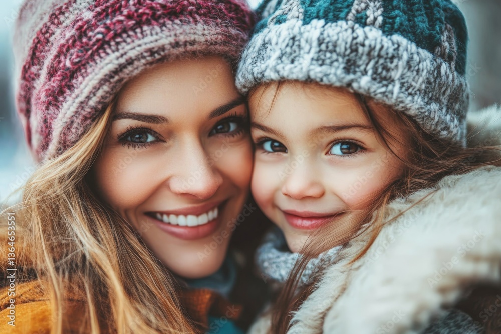 Smiling mother and daughter share a joyful moment in winter hats during a snowy day in a picturesque outdoor setting Smiling mother and daughter share a joyful moment in winter hats during a snowy day in a picturesque outdoor setting