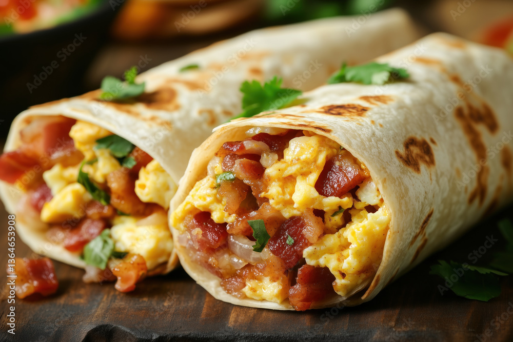 Loaded burritos filled with eggs, bacon, and breakfast goodness Loaded burritos filled with eggs, bacon, and breakfast goodness
