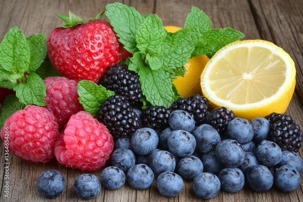 Freshly picked berries and lemons displayed on wooden surface with mint leaves Freshly picked berries and lemons displayed on wooden surface with mint leaves