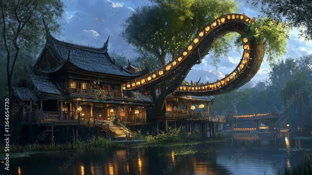 Unique waterway house with a winding bridge illuminated by lanterns during twilight Unique waterway house with a winding bridge illuminated by lanterns during twilight