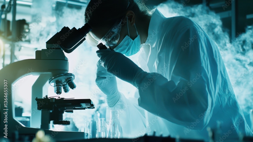 A scientist using an advanced microscope to study viruses, clean lab environment with high-tech microscopy equipment, High-tech style
